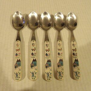 + International Heartland Stainless Steel Farm Life Scene Soup Spoon Set 5 Vtg